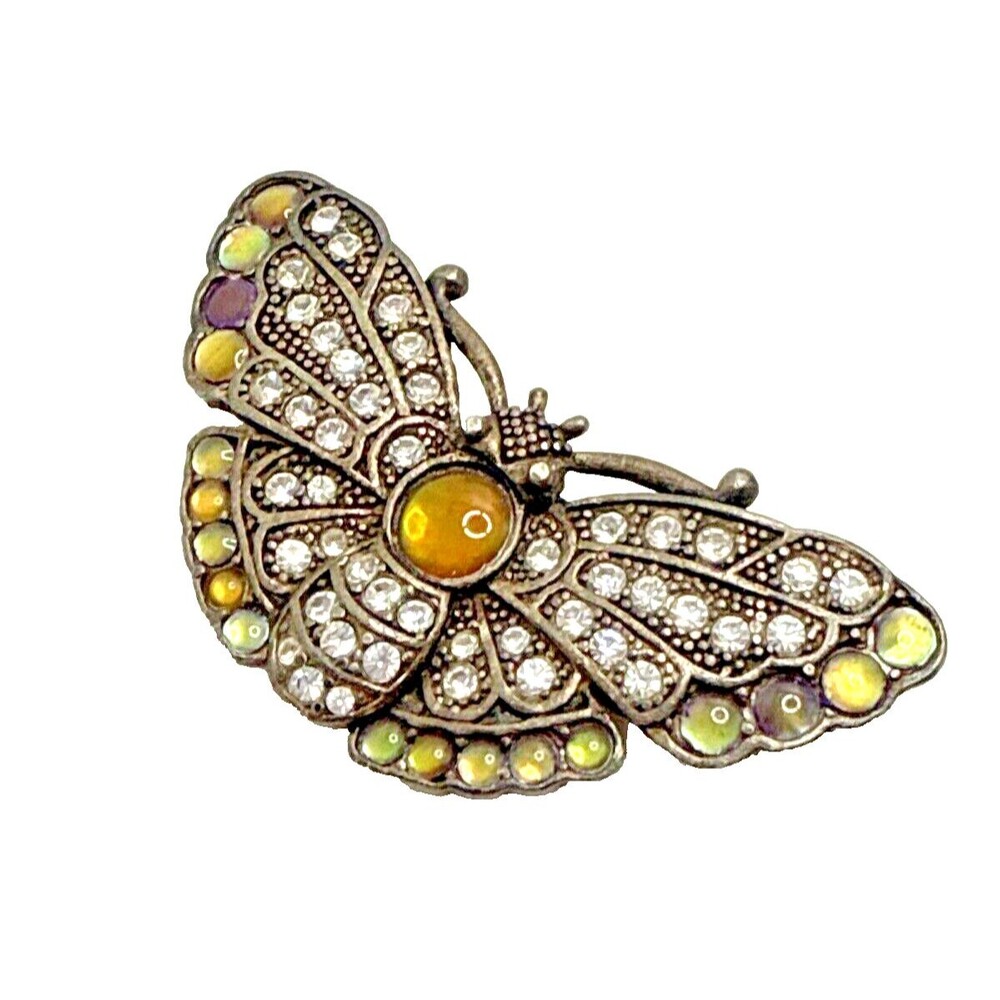 1928 Brand Butterfly Brooch Yellow Amber Rhinestone Victorian Style Statement